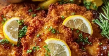 Knuspriges Zwiebel-Schnitzel aus der Heißluftfritteuse auf einem Teller serviert.