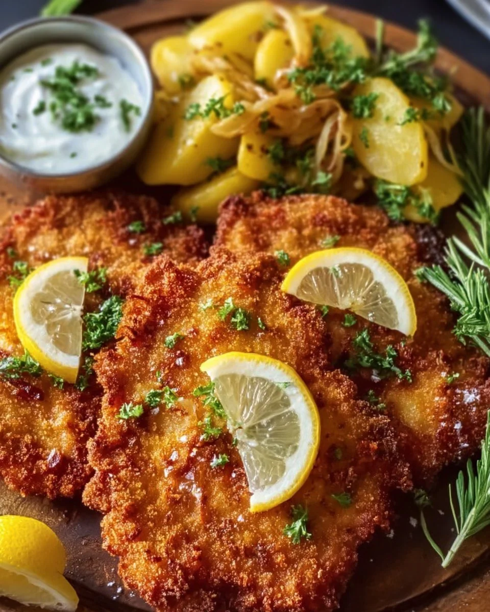 Knuspriges Zwiebel-Schnitzel aus der Heißluftfritteuse auf einem Teller serviert.
