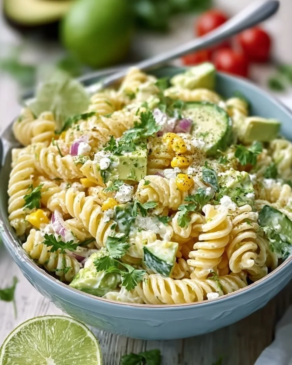 Koriander und Limetten-Pasta-Salat in einer bunten Schüssel