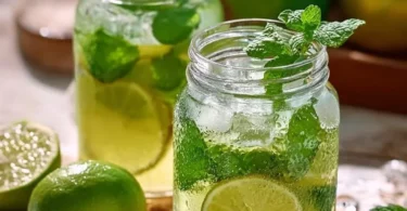 Glas Limetten-Limonade mit frischer Minze und Limettenscheiben