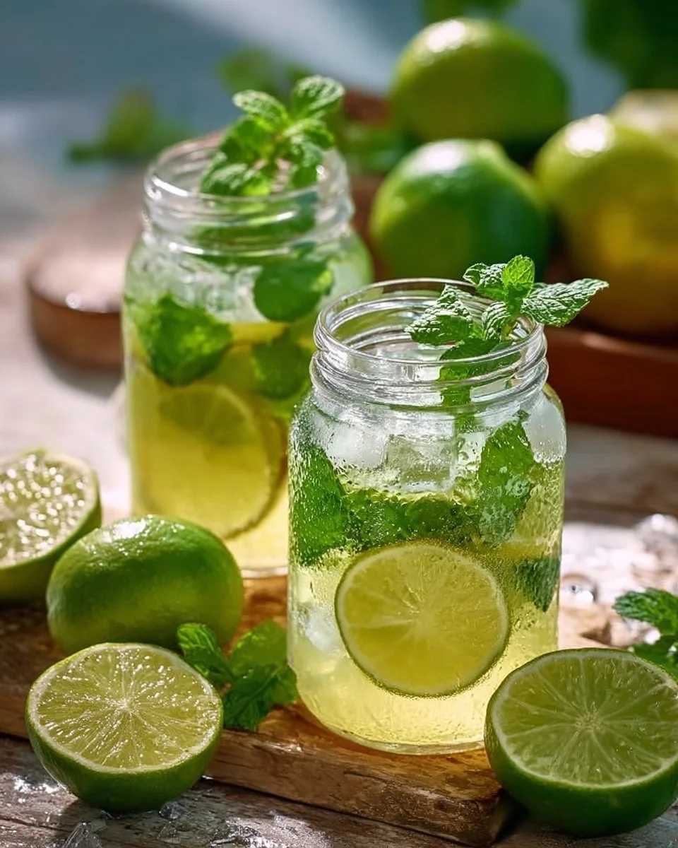 Glas Limetten-Limonade mit frischer Minze und Limettenscheiben