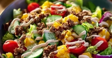 Low Carb Big Mac Salat mit frischem Gemüse und köstlichen Dressing