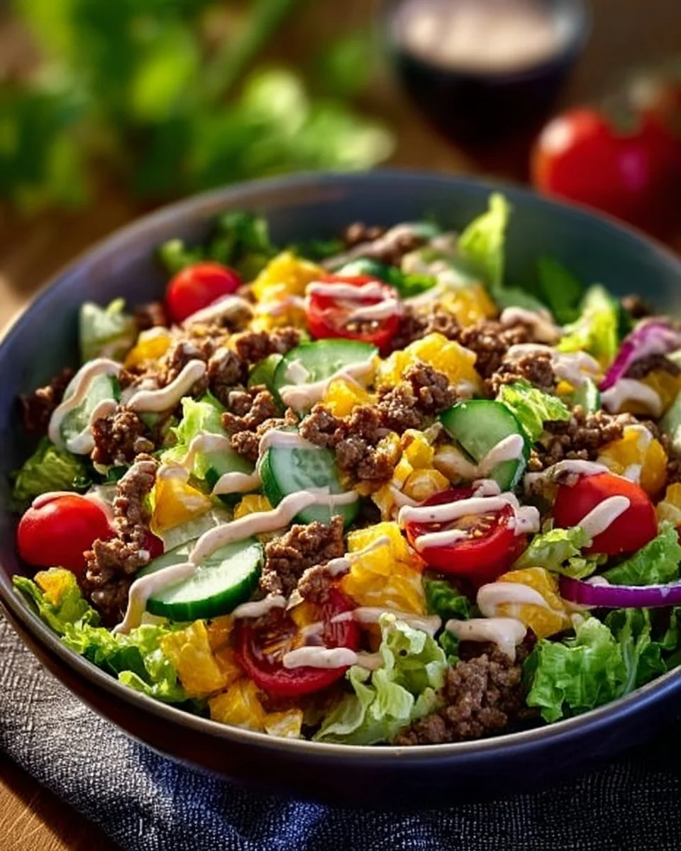 Low Carb Big Mac Salat mit frischem Gemüse und köstlichen Dressing