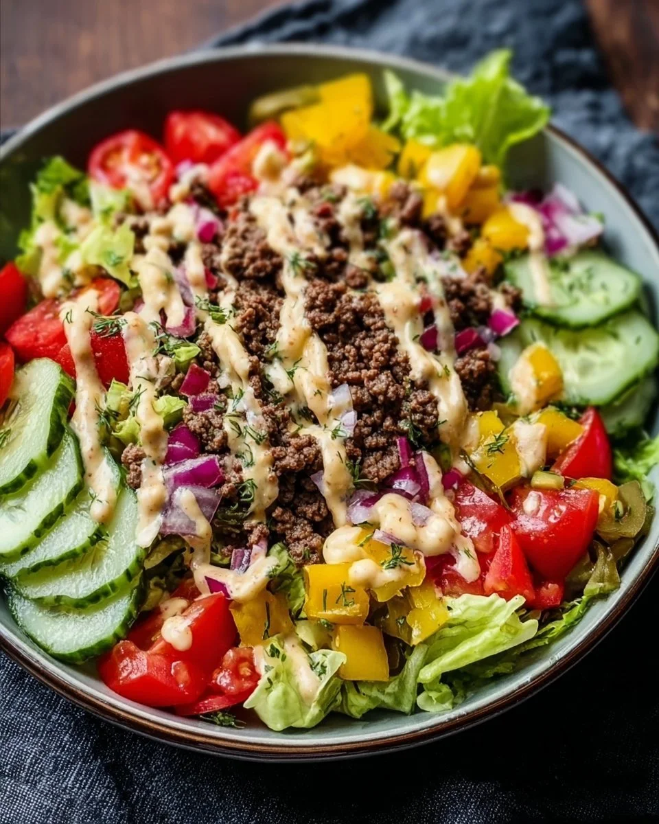 Low-Carb Big Mac Salat mit frischem Gemüse und aromatischem Dressing