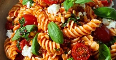 Mediterraner Nudelsalat mit frischen Zutaten in einer bunten Schüssel