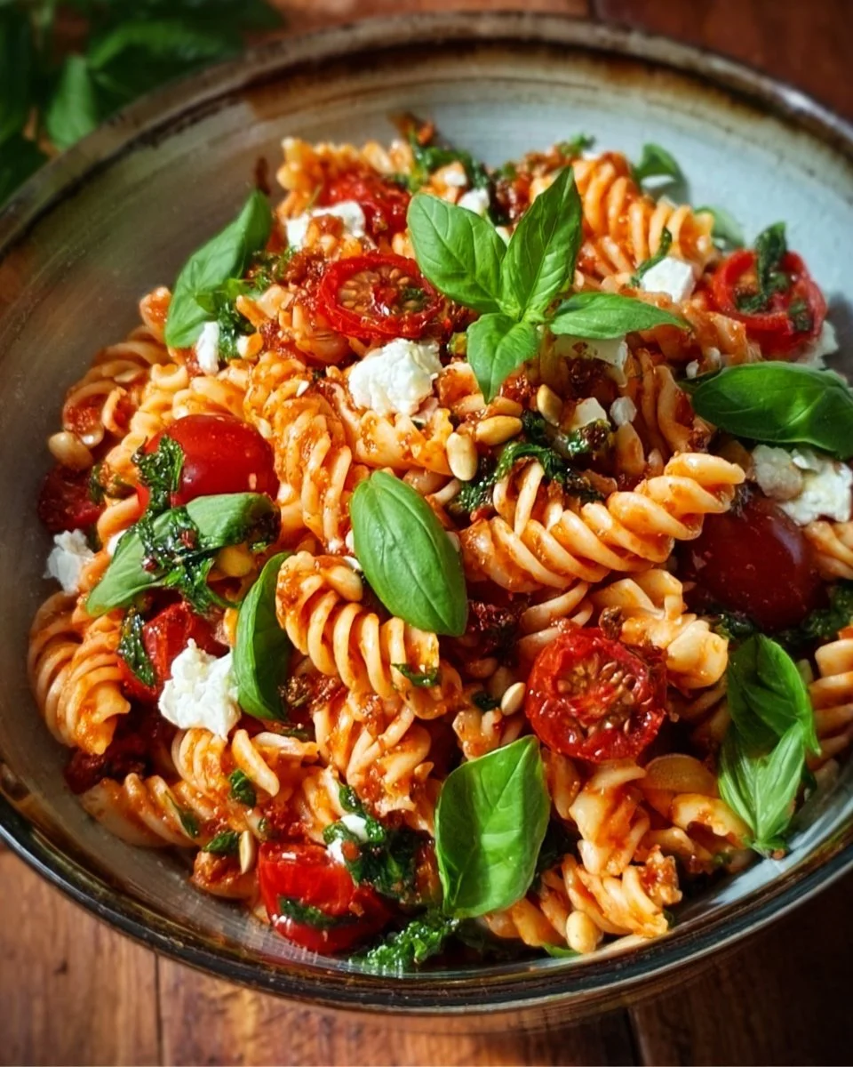 Mediterraner Nudelsalat mit frischen Zutaten in einer bunten Schüssel