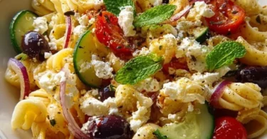 Mediterraner Nudelsalat mit frischen Zutaten und Aromen