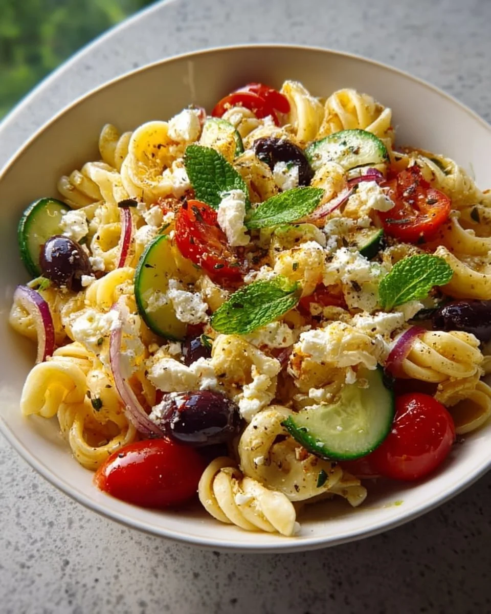 Mediterraner Nudelsalat mit frischen Zutaten und Aromen