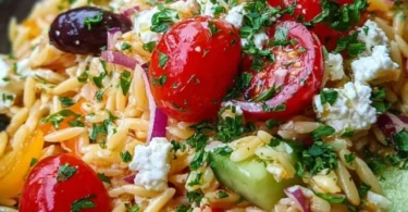 Schüssel mit mediterranem Orzo-Salat, ideal für Sommergerichte.