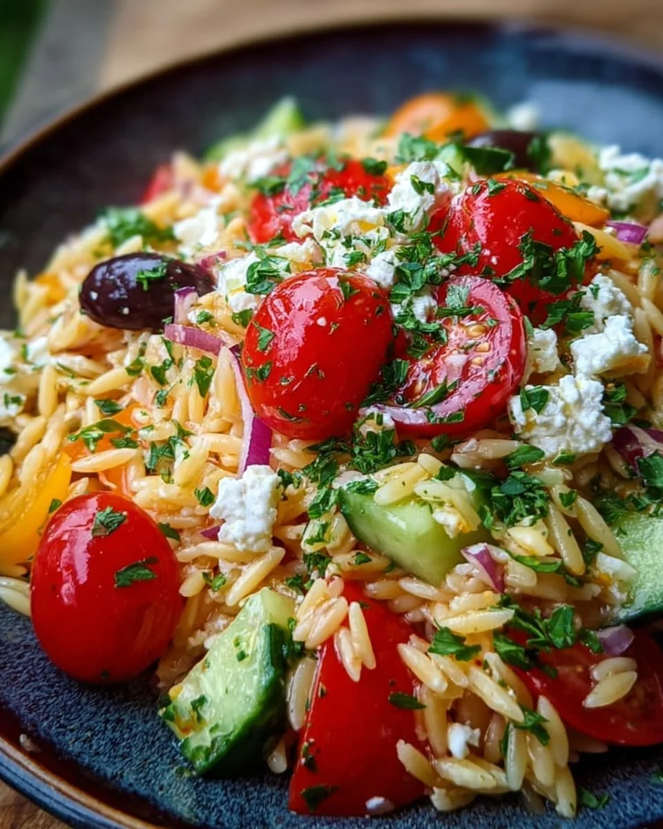 Schüssel mit mediterranem Orzo-Salat, ideal für Sommergerichte.