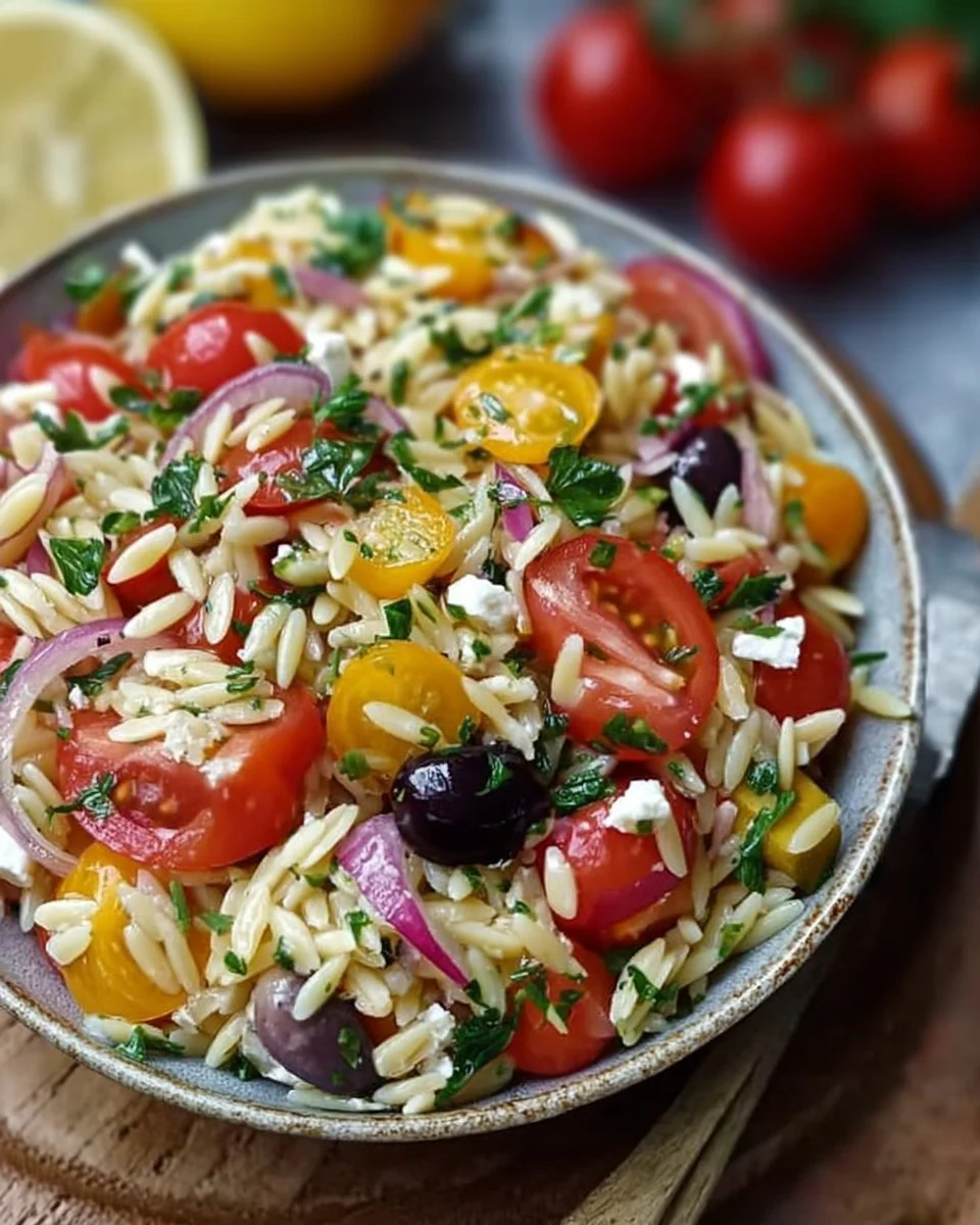 Leckerer Mittelmeer-Orzo-Salat mit frischen Zutaten