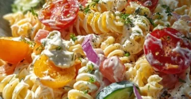 Nudelsalat mit Joghurt-Dressing auf einem Teller garniert.