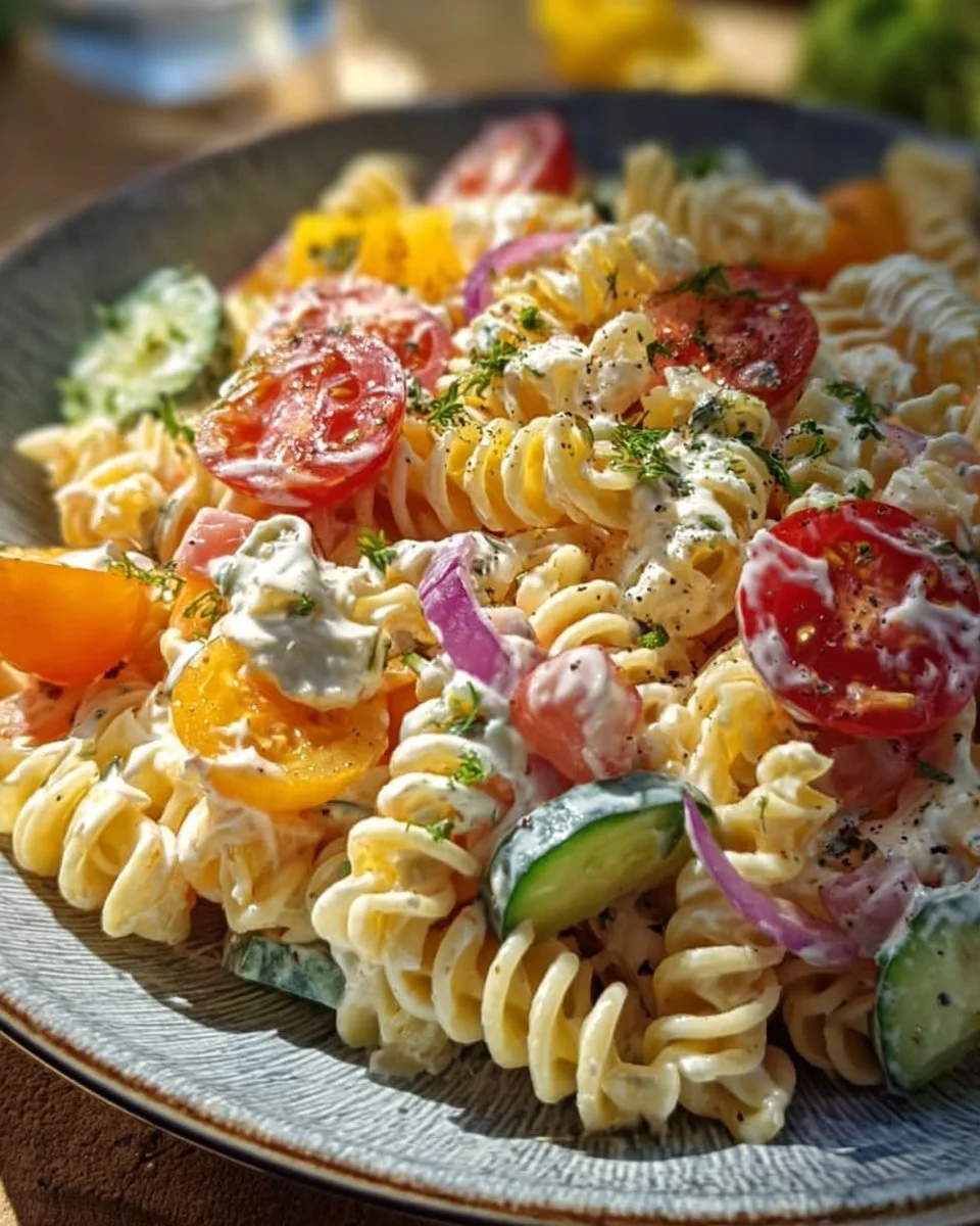 Nudelsalat mit Joghurt-Dressing auf einem Teller garniert.