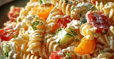 Nudelsalat mit Joghurt-Dressing auf einem Teller serviert