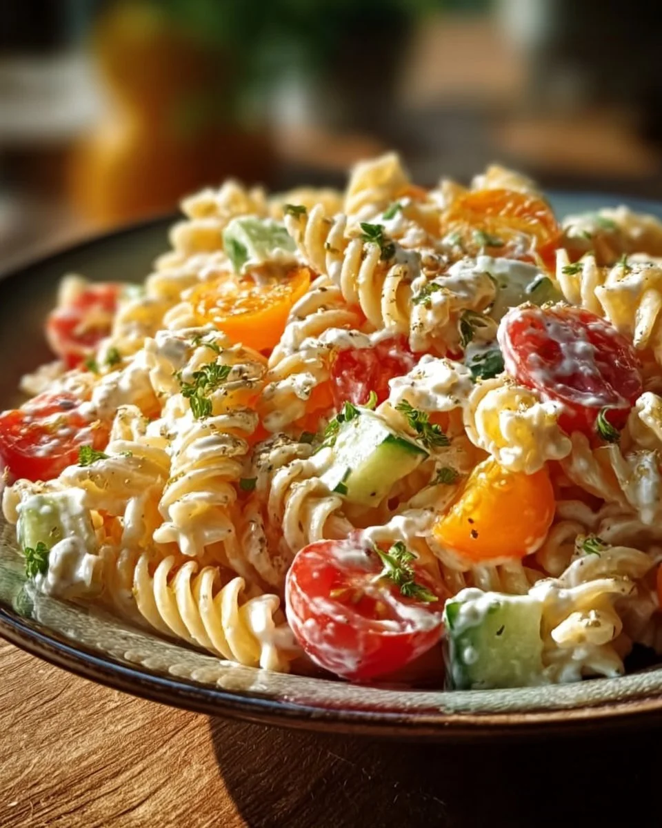 Nudelsalat mit Joghurt-Dressing auf einem Teller serviert