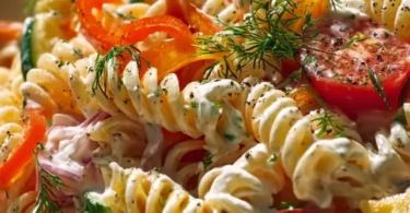 Nudelsalat mit Joghurtsoße in einer Schüssel serviert