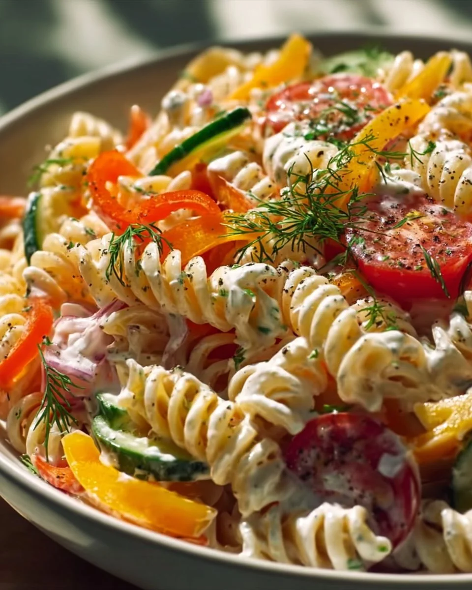 Nudelsalat mit Joghurtsoße in einer Schüssel serviert