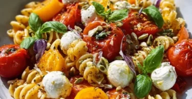Nudelsalat mit Mozzarella und Kirsch-Extra-Tomaten in einer Servierschüssel