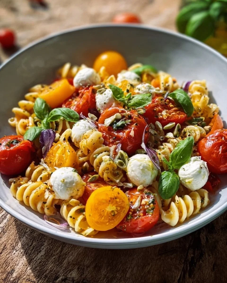 Nudelsalat mit Mozzarella und Kirsch-Extra-Tomaten in einer Servierschüssel
