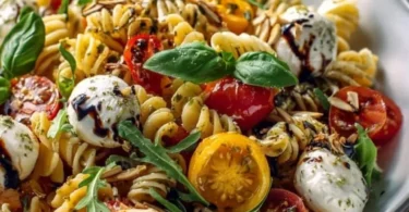 Nudelsalat mit Mozzarella und Kirsch-Extratomaten in einer Schüssel