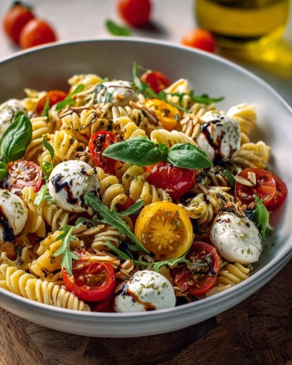 Nudelsalat mit Mozzarella und Kirsch-Extratomaten in einer Schüssel