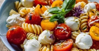 Nudelsalat mit Mozzarella und Kirschtomaten in einer Schüssel serviert