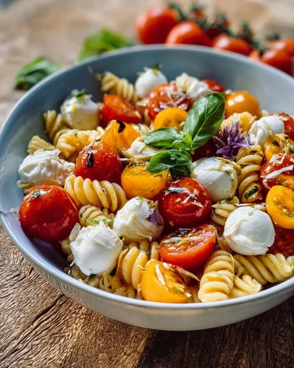 Nudelsalat mit Mozzarella und Kirschtomaten in einer Schüssel serviert