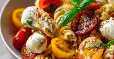 Nudelsalat mit Mozzarella und Kirschtomaten in einer Schüssel