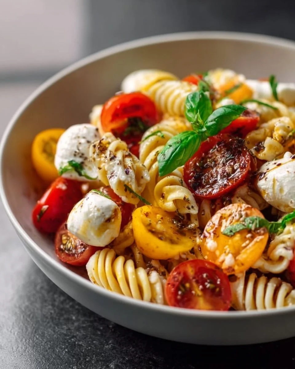 Nudelsalat mit Mozzarella und Kirschtomaten in einer Schüssel