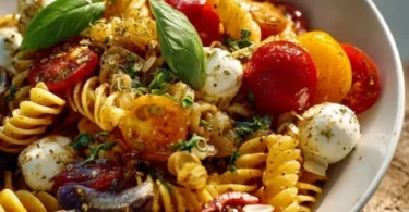 Leckerer Nudelsalat mit Mozzarella und Kirschtomaten in einer bunten Schüssel