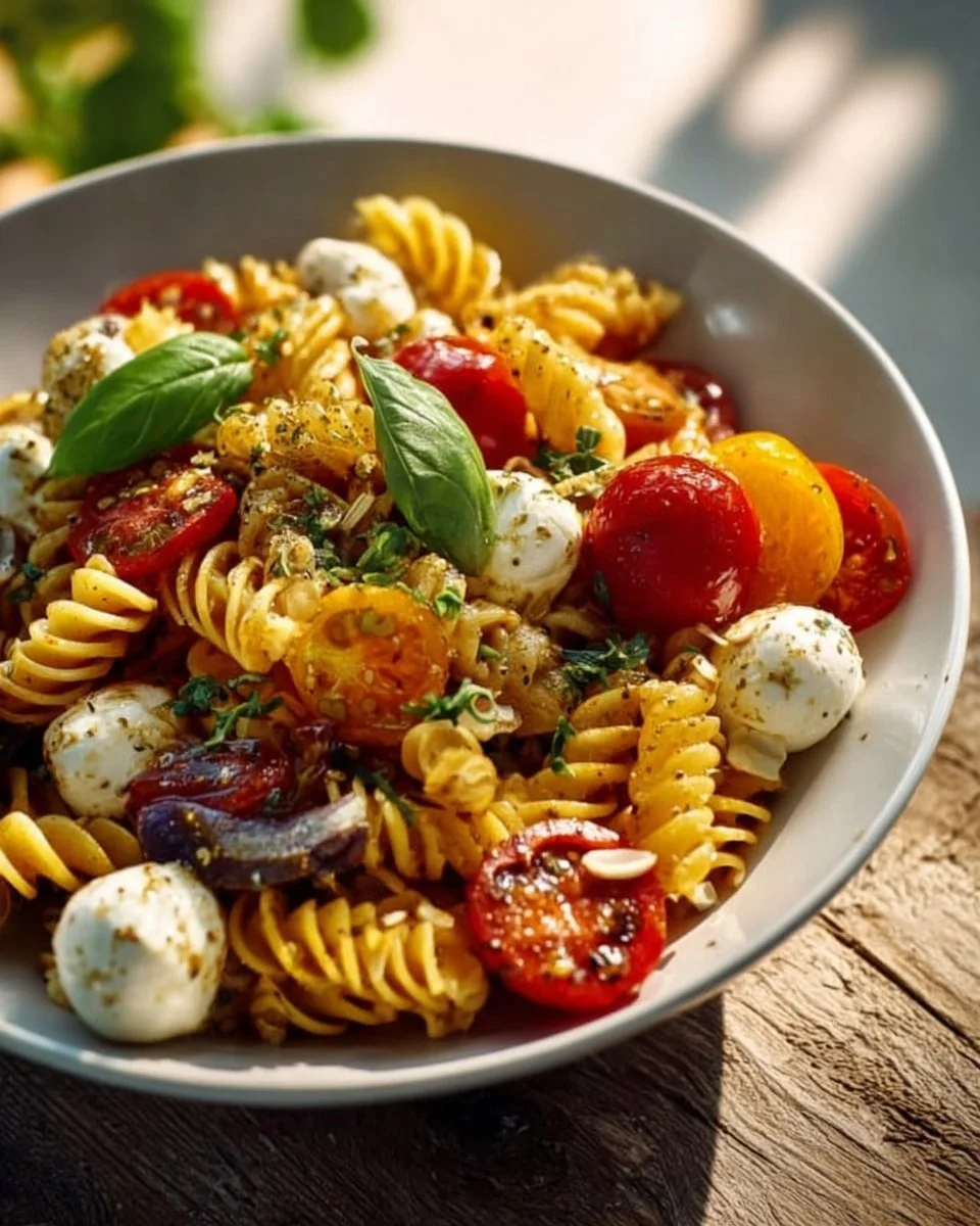 Leckerer Nudelsalat mit Mozzarella und Kirschtomaten in einer bunten Schüssel