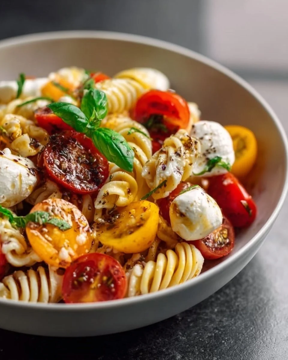 Nudelsalat mit Mozzarella und Kirschtomaten
