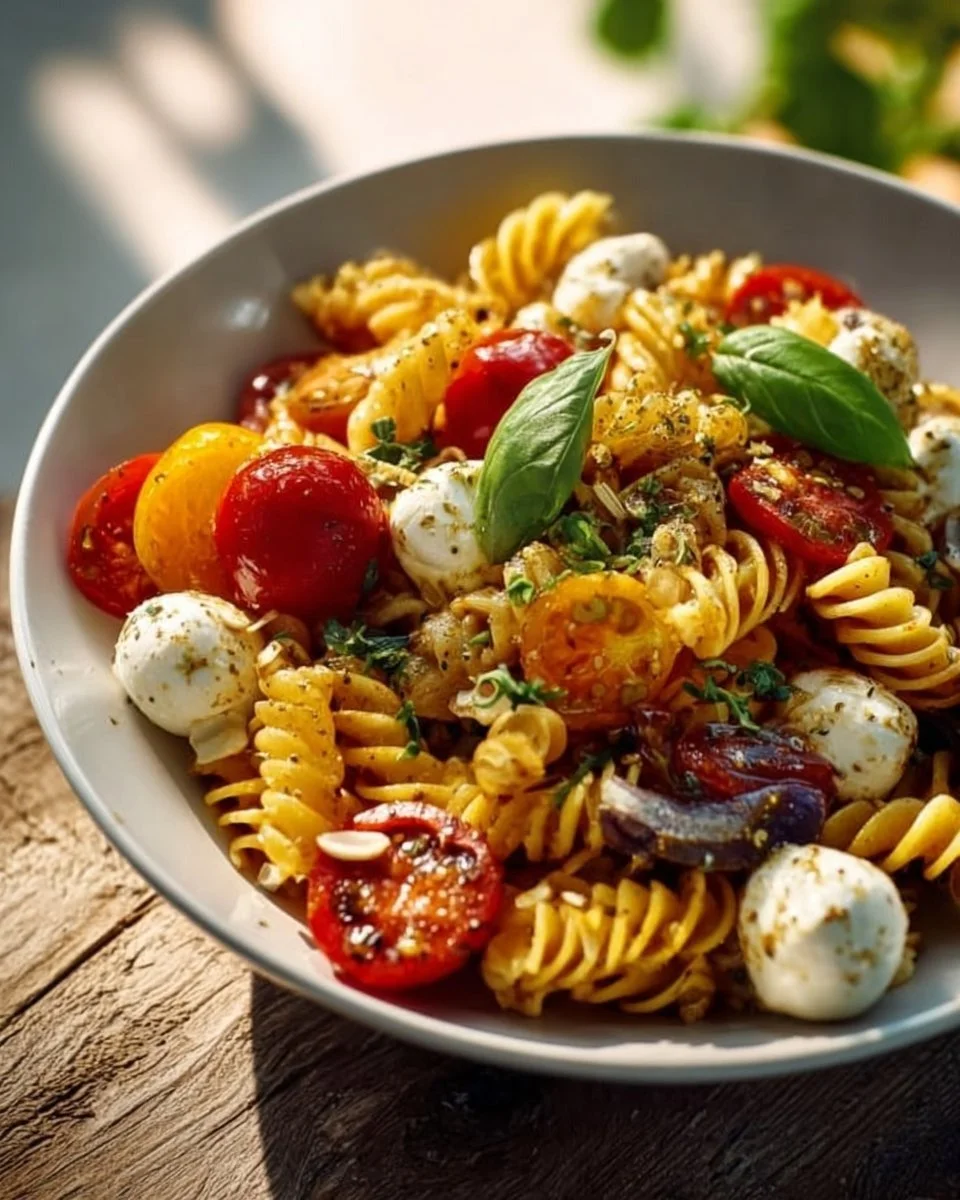 Nudelsalat mit Mozzarella und Kirschtomaten