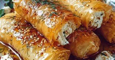 Ofen gebackene Feta-Röllchen mit Chili-Honig auf einem Teller angerichtet