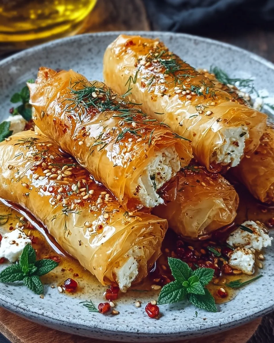 Ofen gebackene Feta-Röllchen mit Chili-Honig auf einem Teller angerichtet