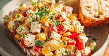 Paprika-Mais-Salat mit Feta und Joghurt auf einem Teller angerichtet