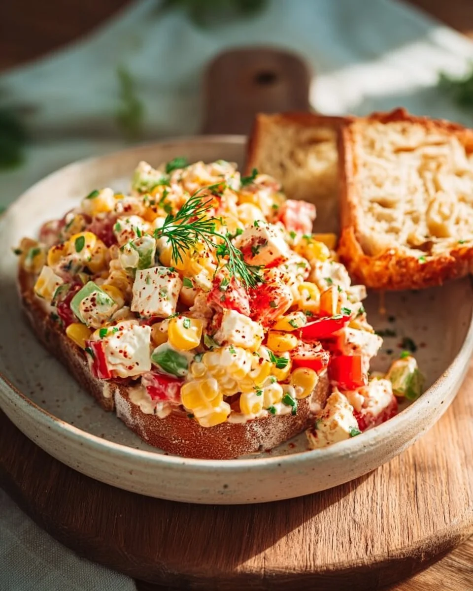 Paprika-Mais-Salat mit Feta und Joghurt auf einem Teller angerichtet