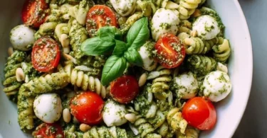 Pesto Nudelsalat mit frischen Kirschtomaten und Basilikum