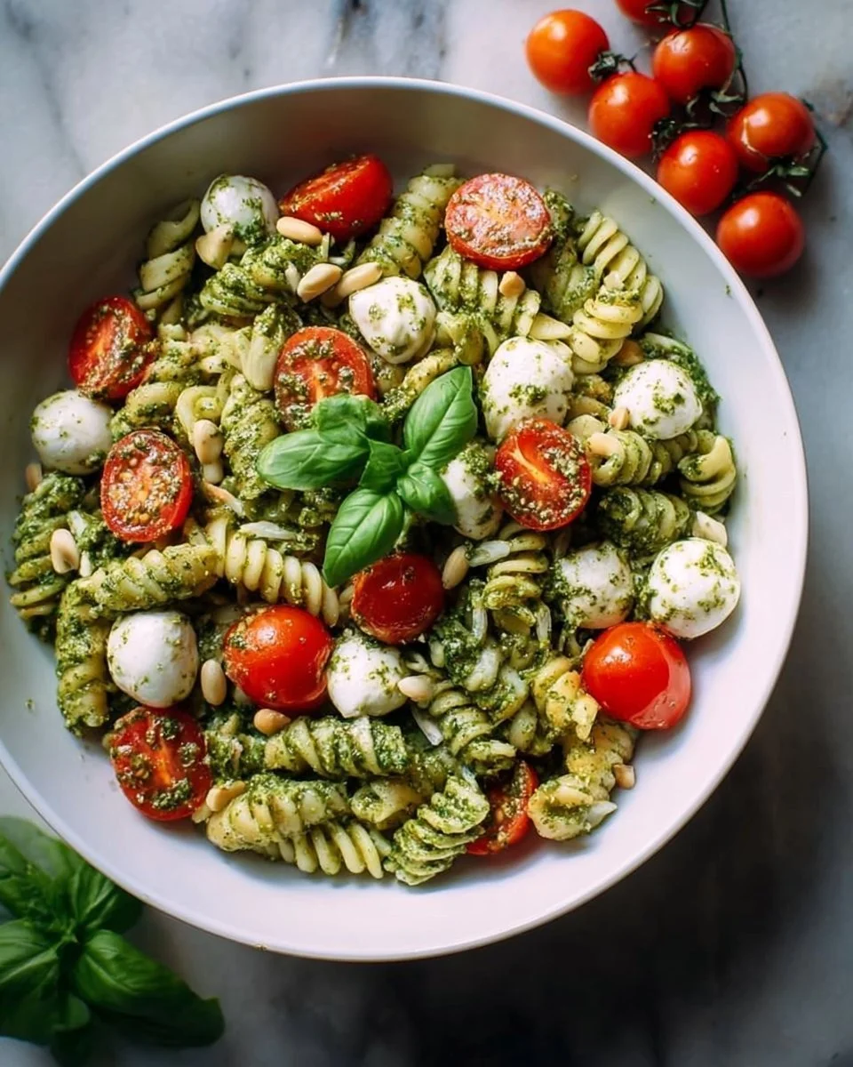 Pesto Nudelsalat mit frischen Kirschtomaten und Basilikum