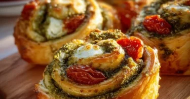 Leckere Pesto-Schnecken mit Tomaten und Mozzarella auf einem Holzbrett.