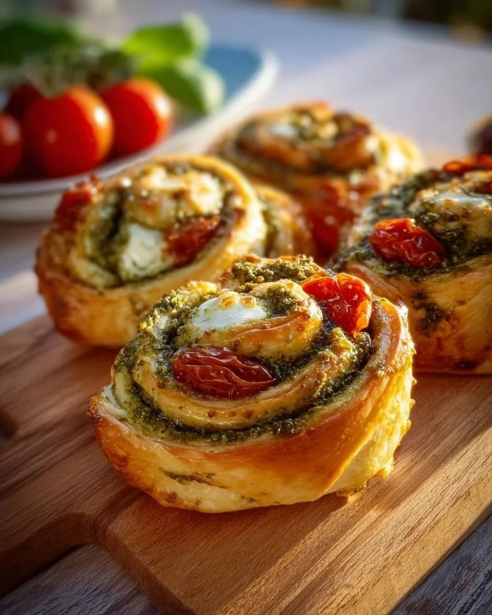 Leckere Pesto-Schnecken mit Tomaten und Mozzarella auf einem Holzbrett.
