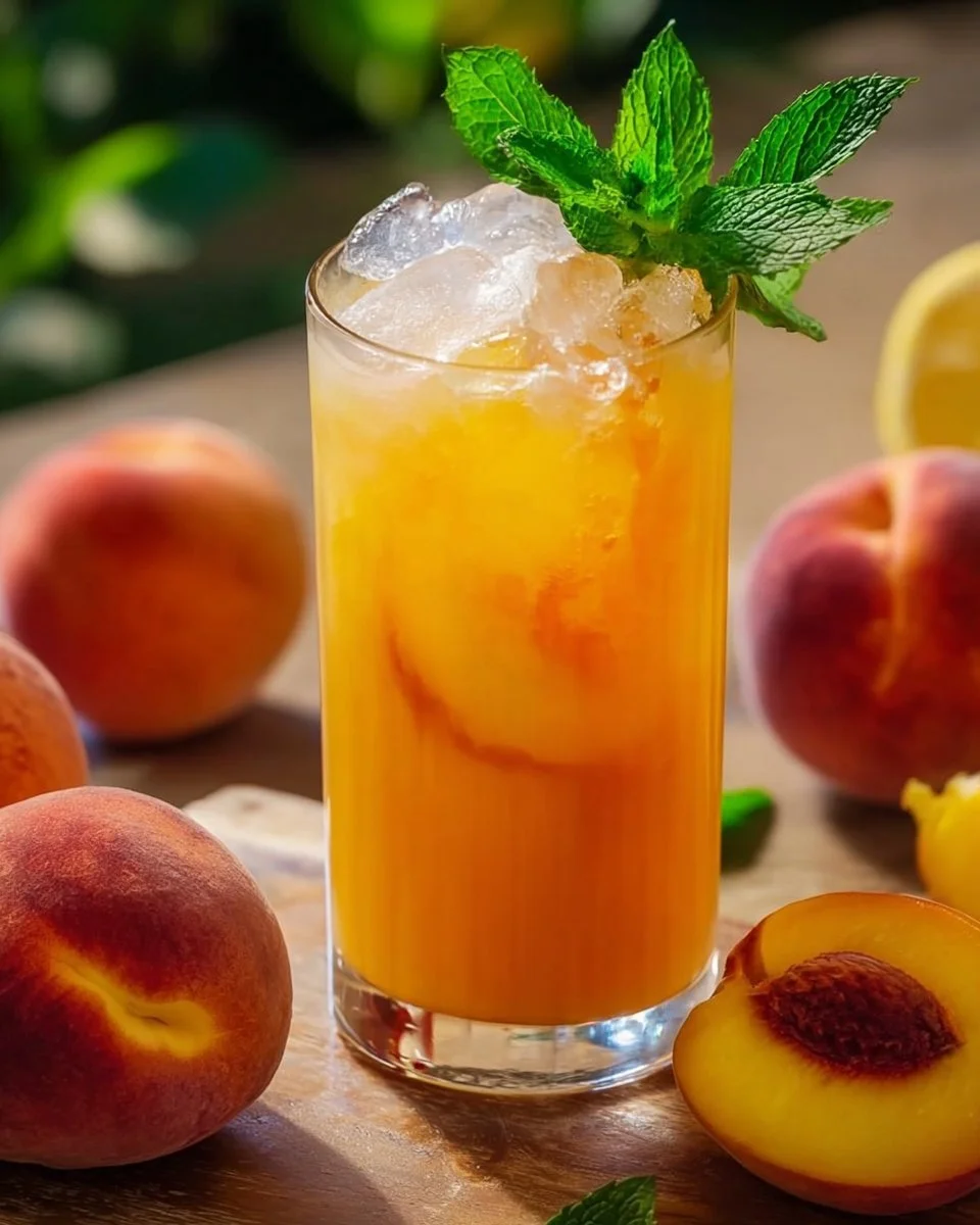 Erfrischende Pfirsich-Limonade in einem Glas mit frischen Pfirsichen und Eiswürfeln