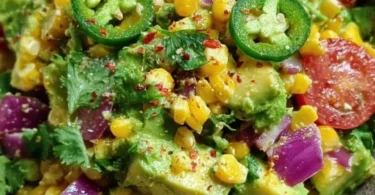 Frischer Avocado-Corn-Salat mit Limette auf einem weißen Teller