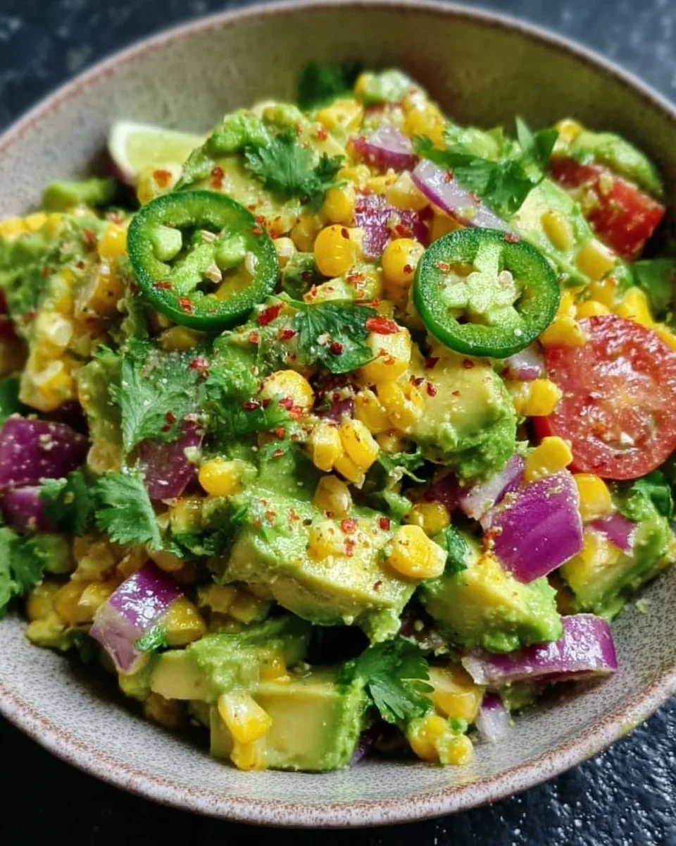 Frischer Avocado-Corn-Salat mit Limette auf einem weißen Teller