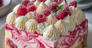 Delikates Raspberry Swirl Cheesecake mit frischen Himbeeren und cremigem Käse