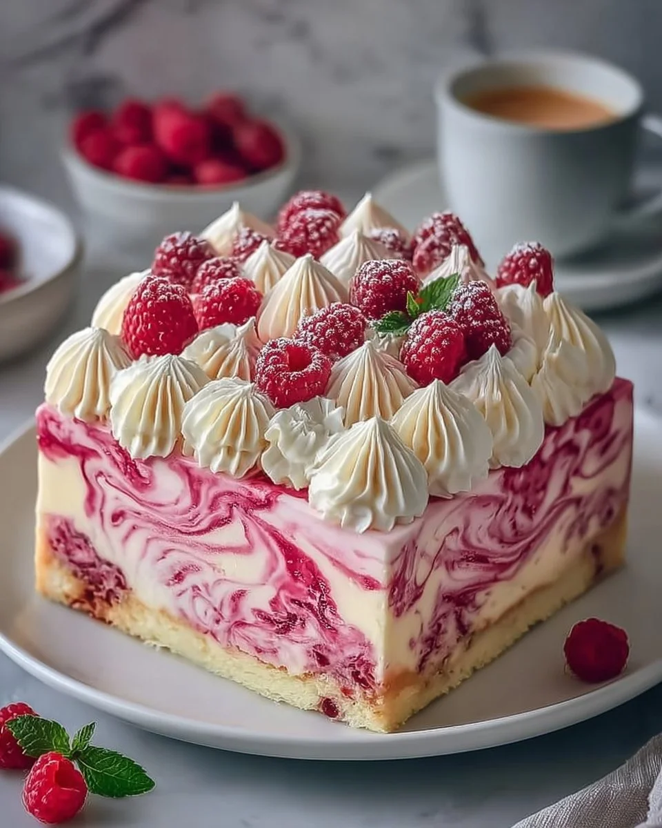 Delikates Raspberry Swirl Cheesecake mit frischen Himbeeren und cremigem Käse