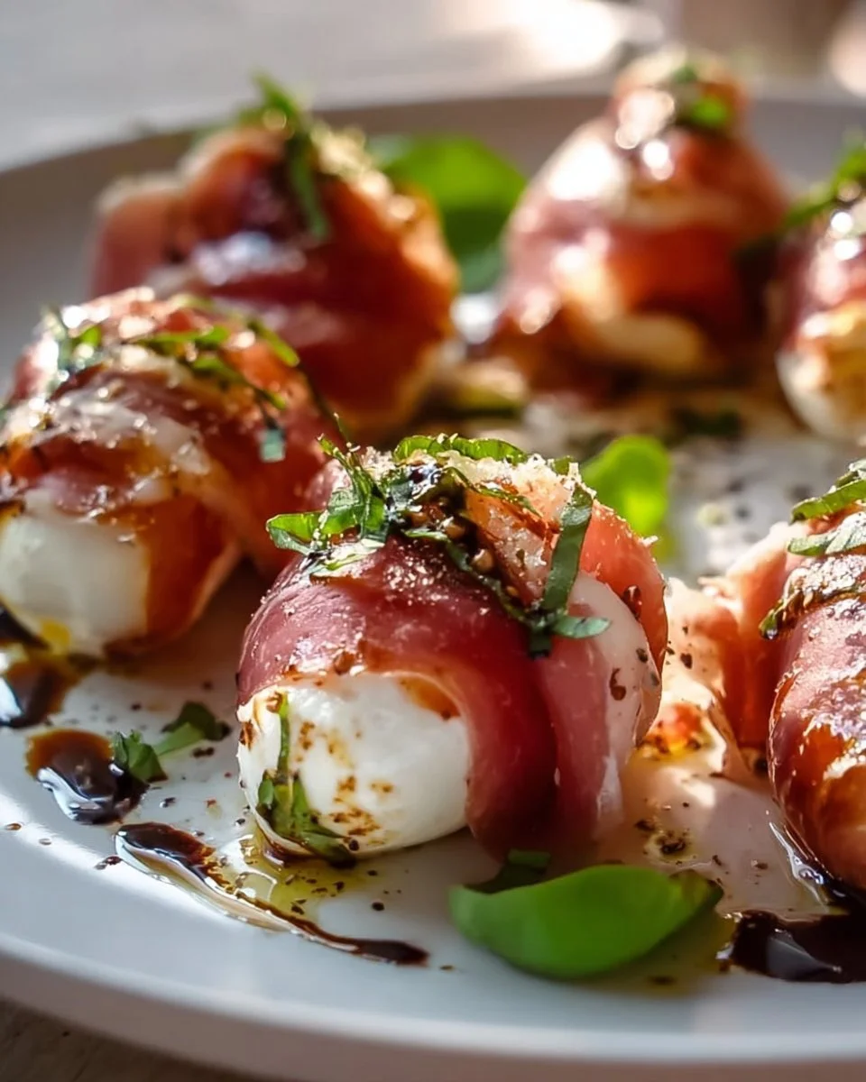 Rindfleisch Häppchen mit Prosciutto und Mozzarella auf einem Teller