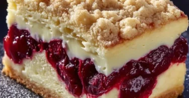 Saftiger Käsekuchen mit Kirschen und Streuseln auf einem Teller