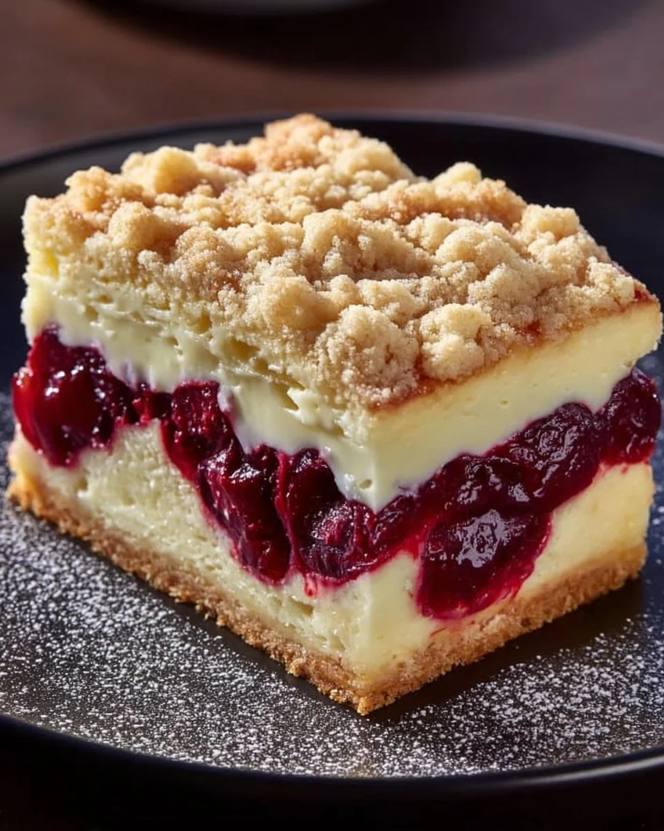 Saftiger Käsekuchen mit Kirschen und Streuseln auf einem Teller