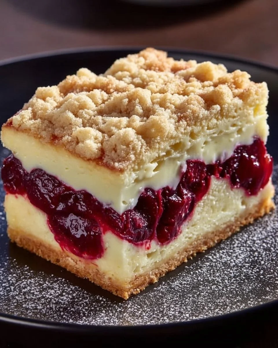 Saftiger Käsekuchen mit Kirschen und Streuseln